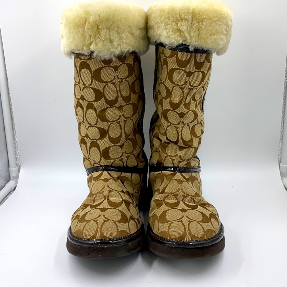 Coach Tan Monogram Logo Shearling-Trim Mid-Calf Boots